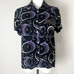 Loco Lindo Button Down Retro‎ Black Swirl Bird Short Sleeve Shirt Size Small